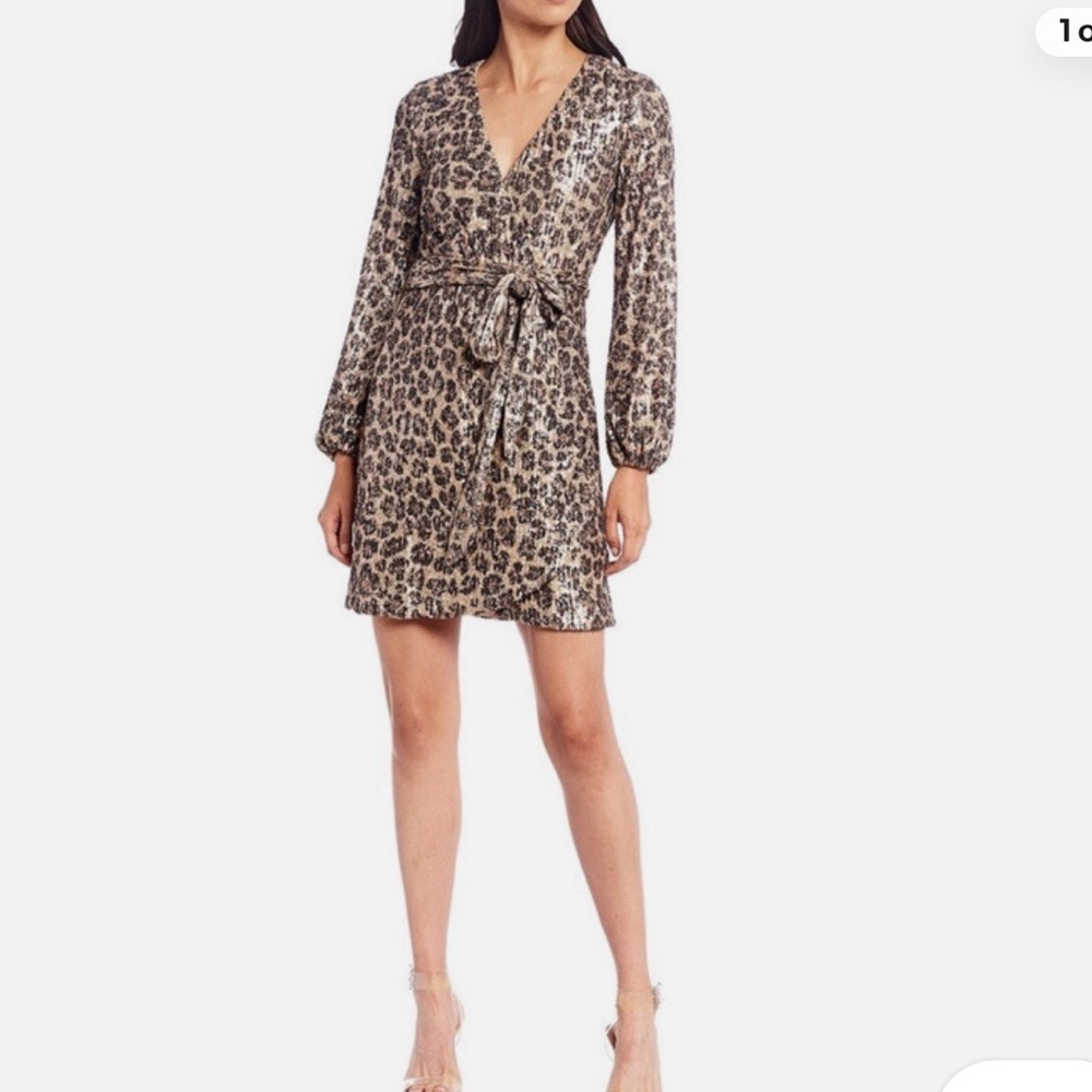 🍁Gianni Bini Brown Sequin Wrap Dress Long Sleeve V-Neck